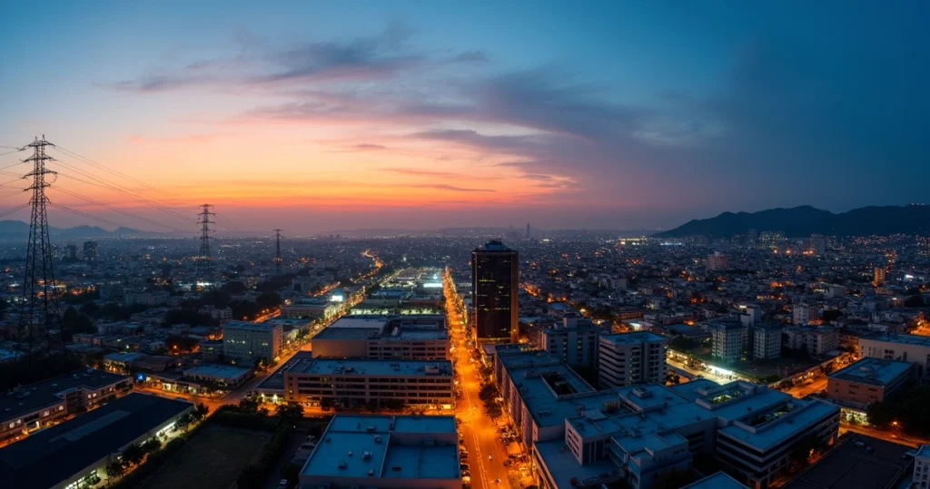 Vista aérea de Caxias do Sul ao entardecer com destaques de infraestrutura elétrica moderna