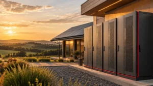 Sistema de baterias para armazenamento de energia ao lado de painéis solares em propriedade no sul do Brasil